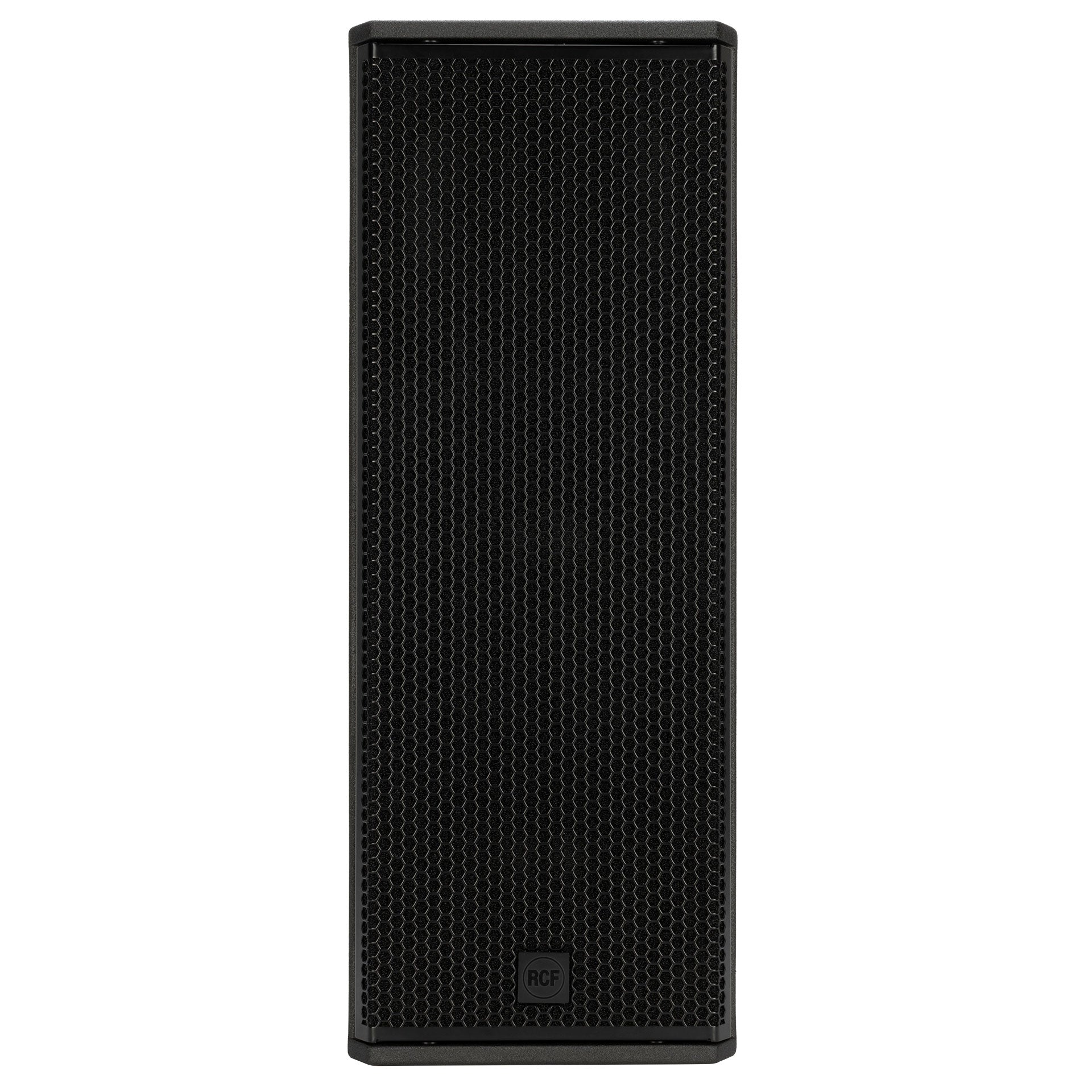RCF KXW 4-A Wide Directivity Active Two-Way Speaker front view showing dual 10-inch woofers and compression driver