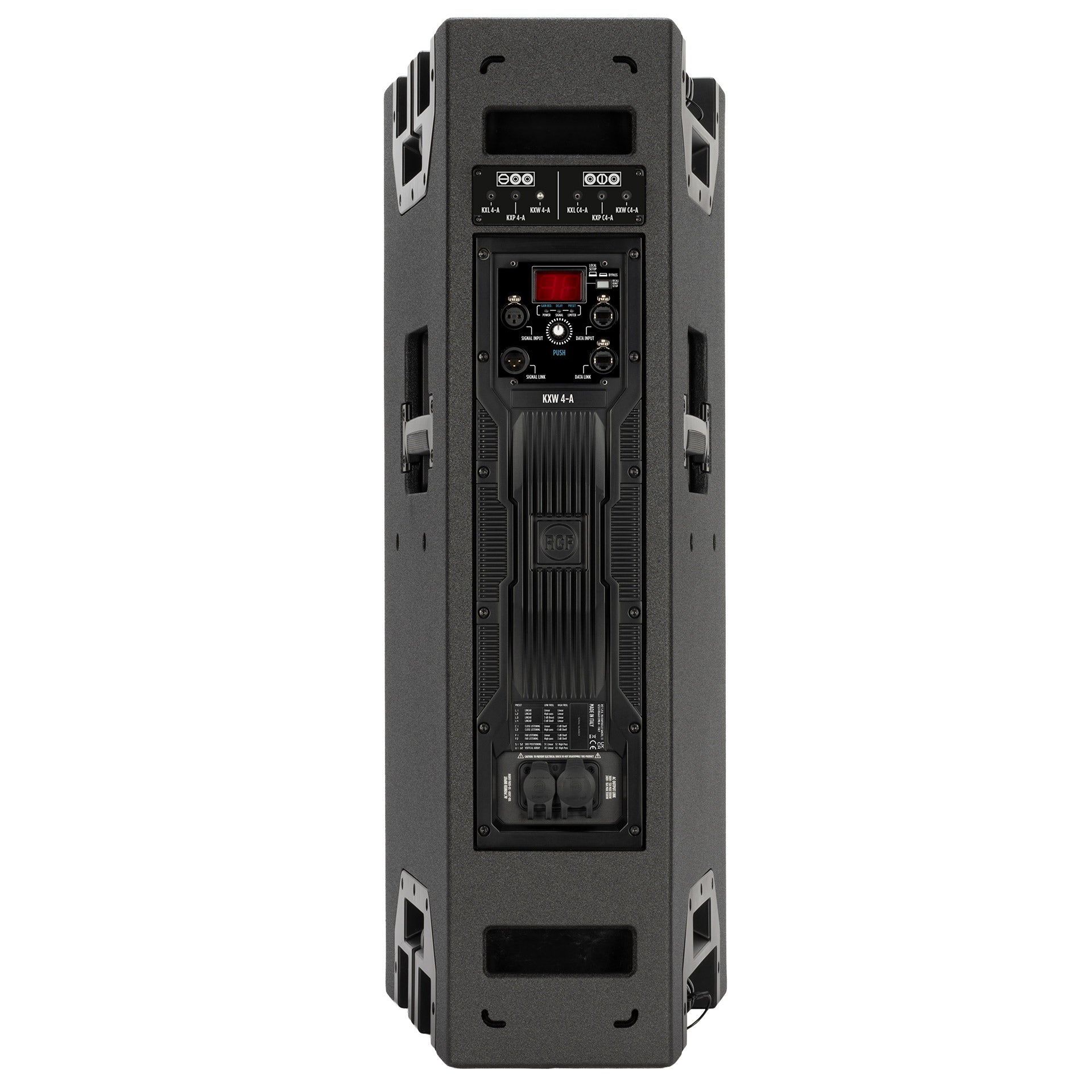 RCF KXW 4-A Wide Directivity Active Two-Way Speaker rear panel showing XLR and RDNet Ethercon in/out and Powercon TRUE1 connectors