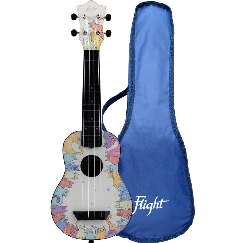 Flight TUS40 Kitty soprano travel ukulele, full front view with kitty graphic design and Colorful ukulele with a blue case on a white background