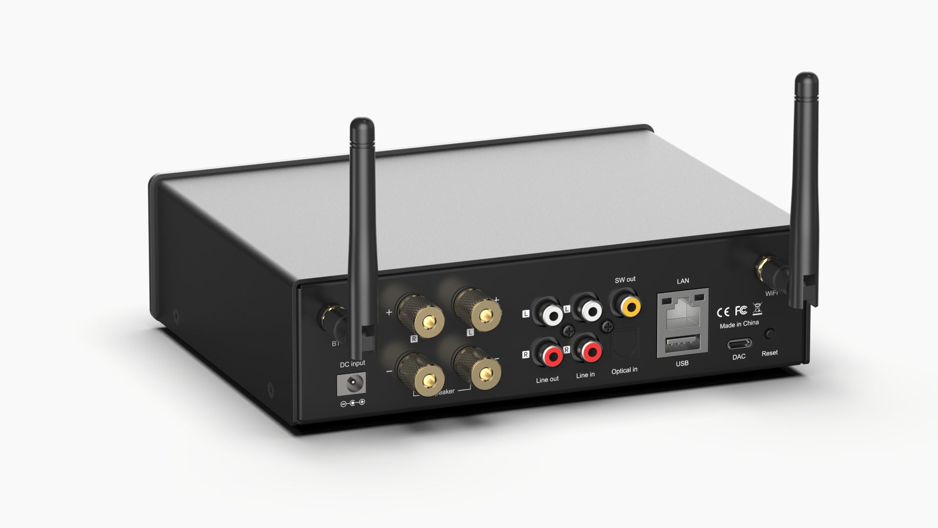 Arylic M50 wireless amplifier rear speaker binding posts close-up for stereo speaker connection