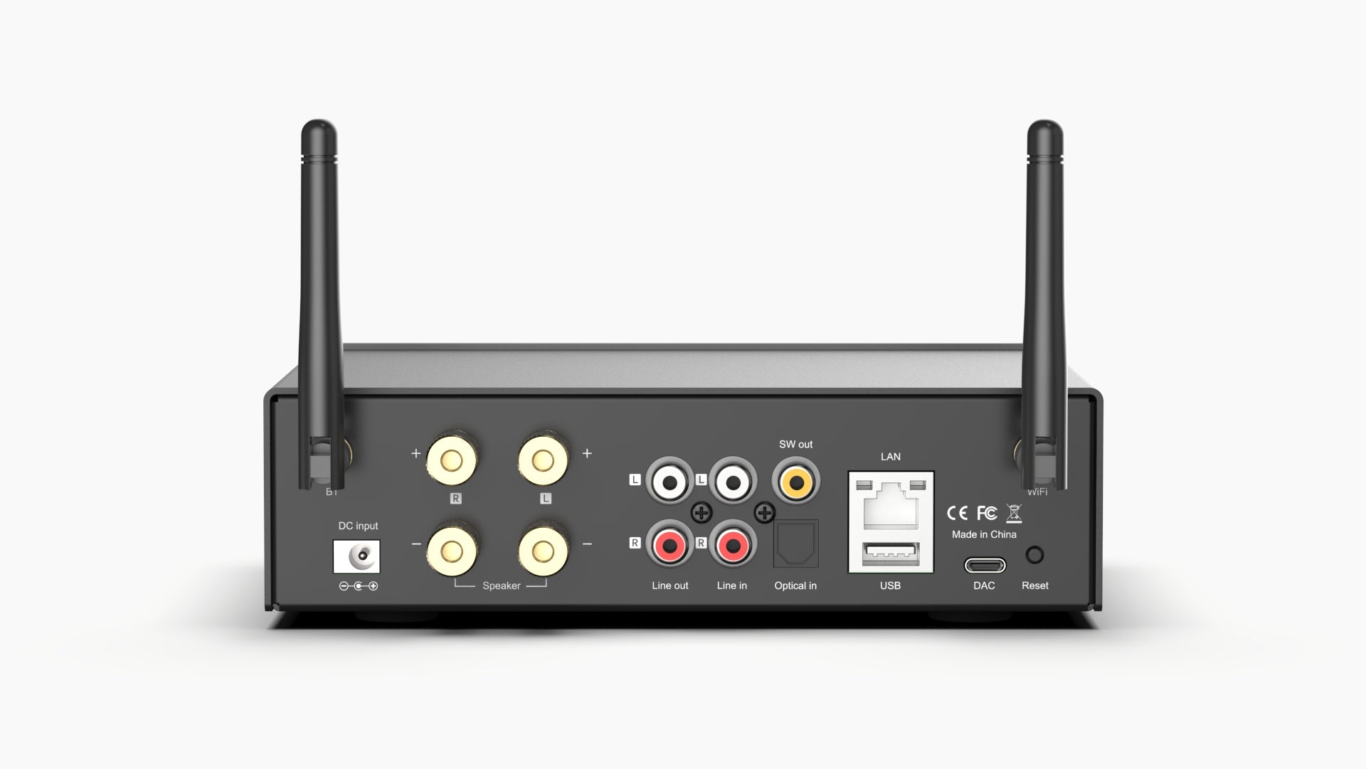 Arylic M50 wireless amplifier rear panel showing speaker terminals, inputs and power connector