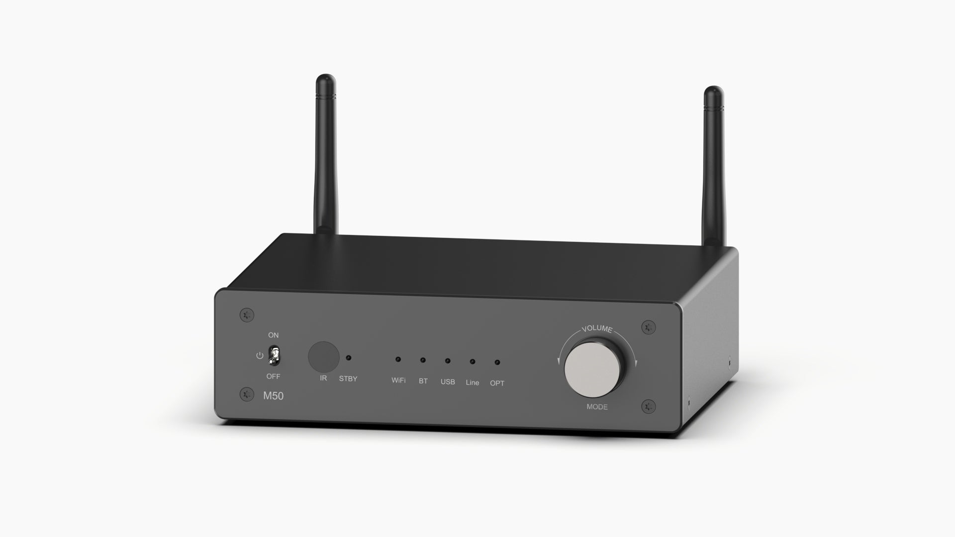 Left side profile of Arylic M50 full-digital wireless amplifier showing slim aluminium housing