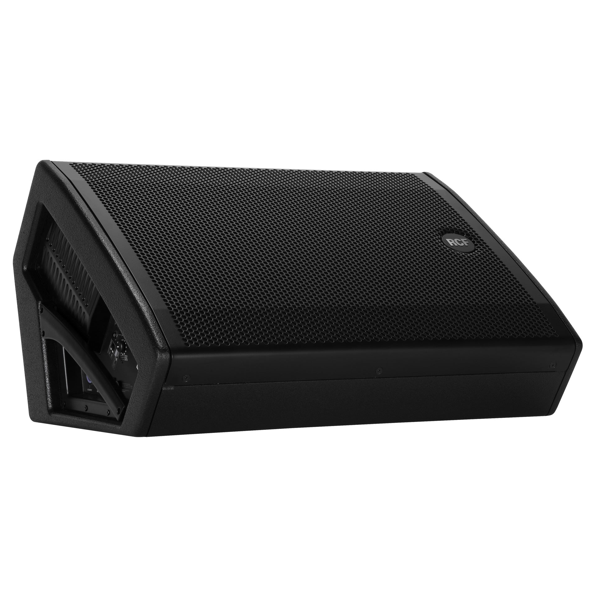 Right-side profile of RCF NX 15-SMA Active Coaxial Stage Monitor showing cabinet depth