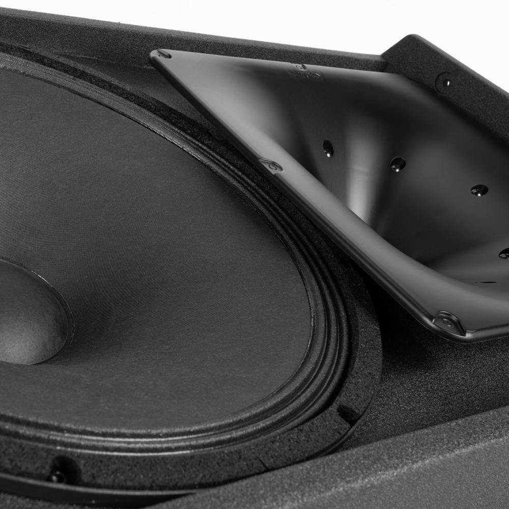 RCF NX 915-SMA plywood wedge cabinet and steel grille detail view