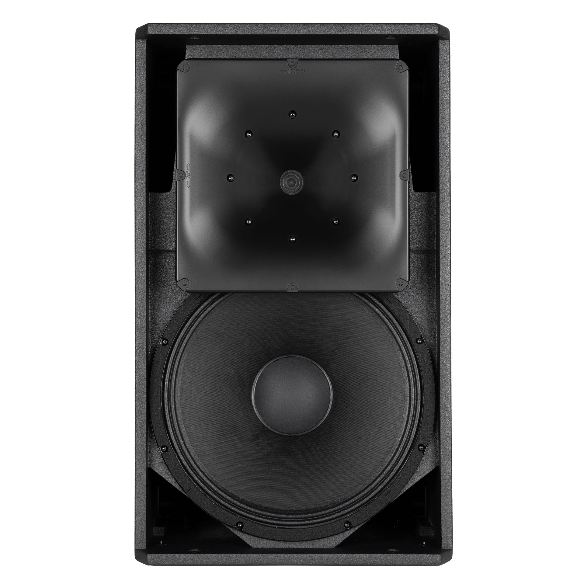 Front view of RCF NX 945-A active speaker with black cabinet finish