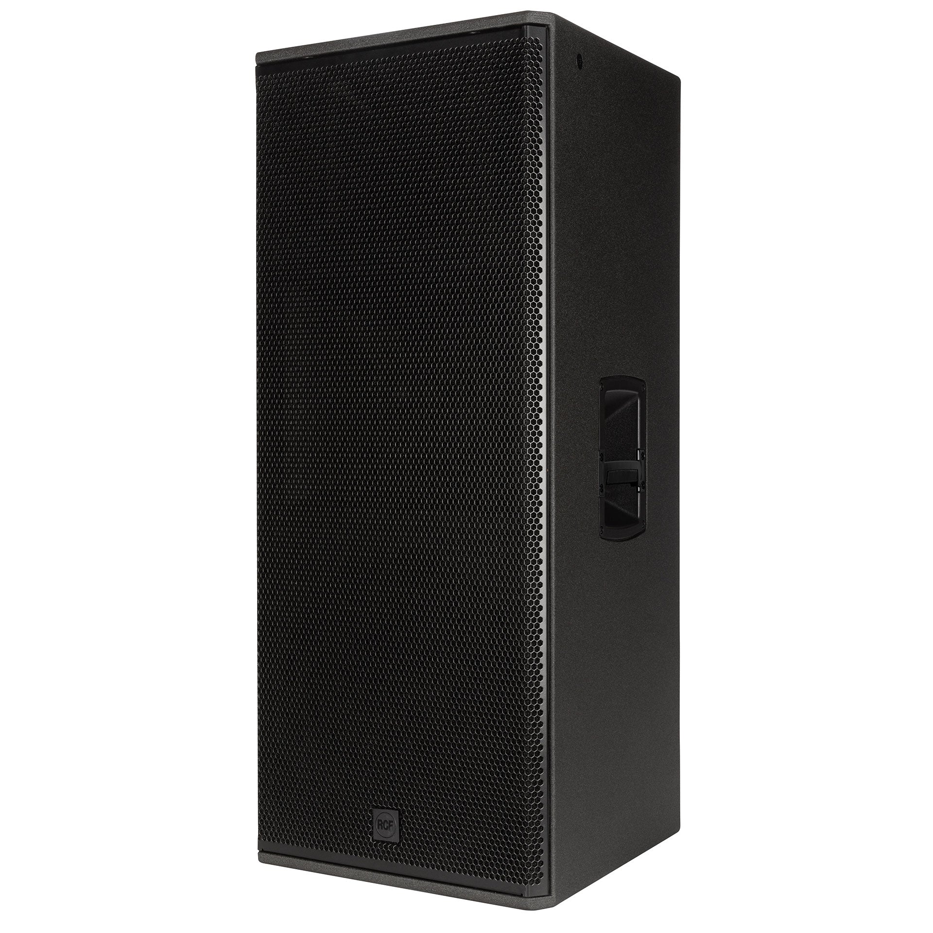RCF NX 985-A left side view showing cabinet depth and rigging points