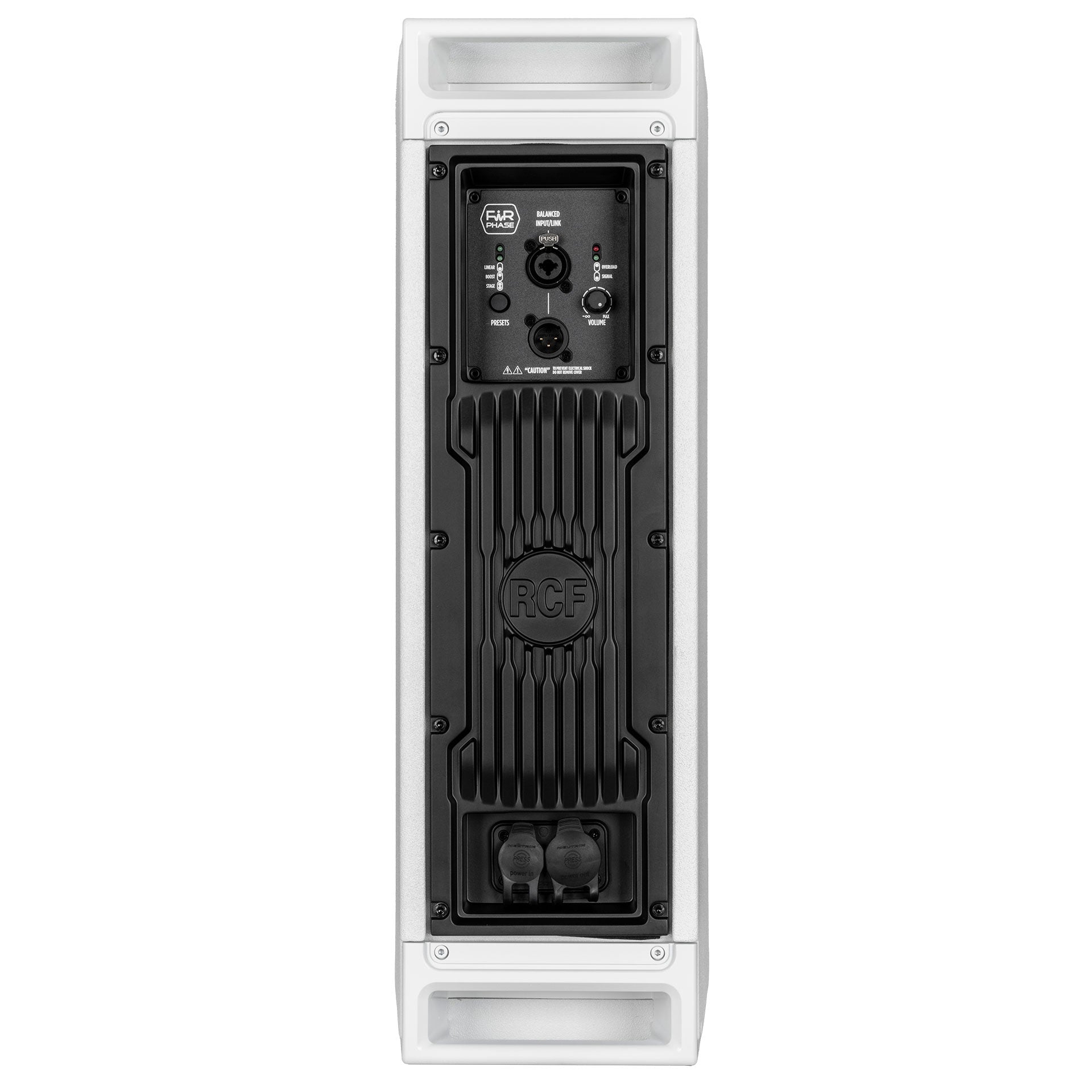 RCF NXL 14-A rear panel detail showing volume and control knobs
