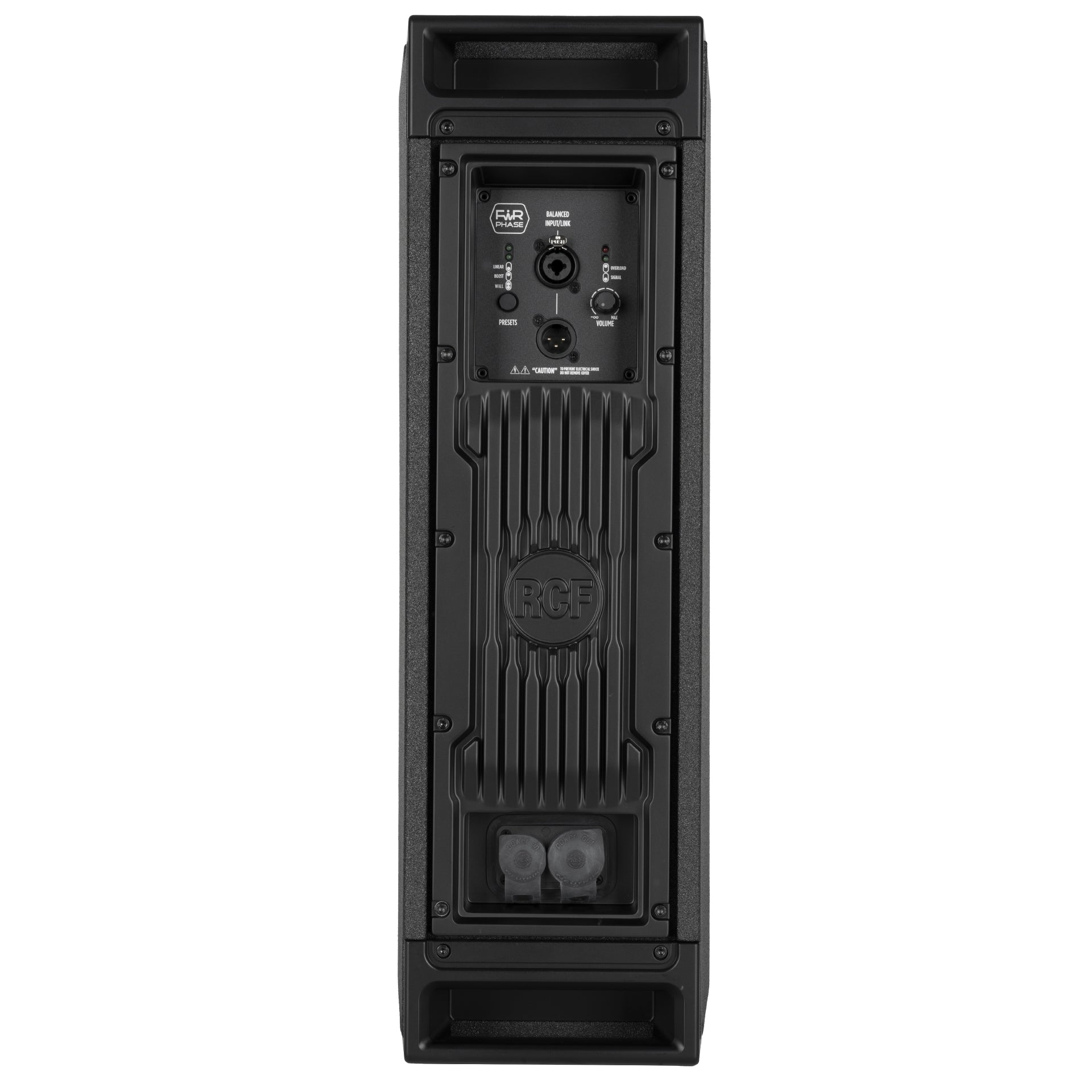 RCF NXL 14-A rear view showing input and output connector panel