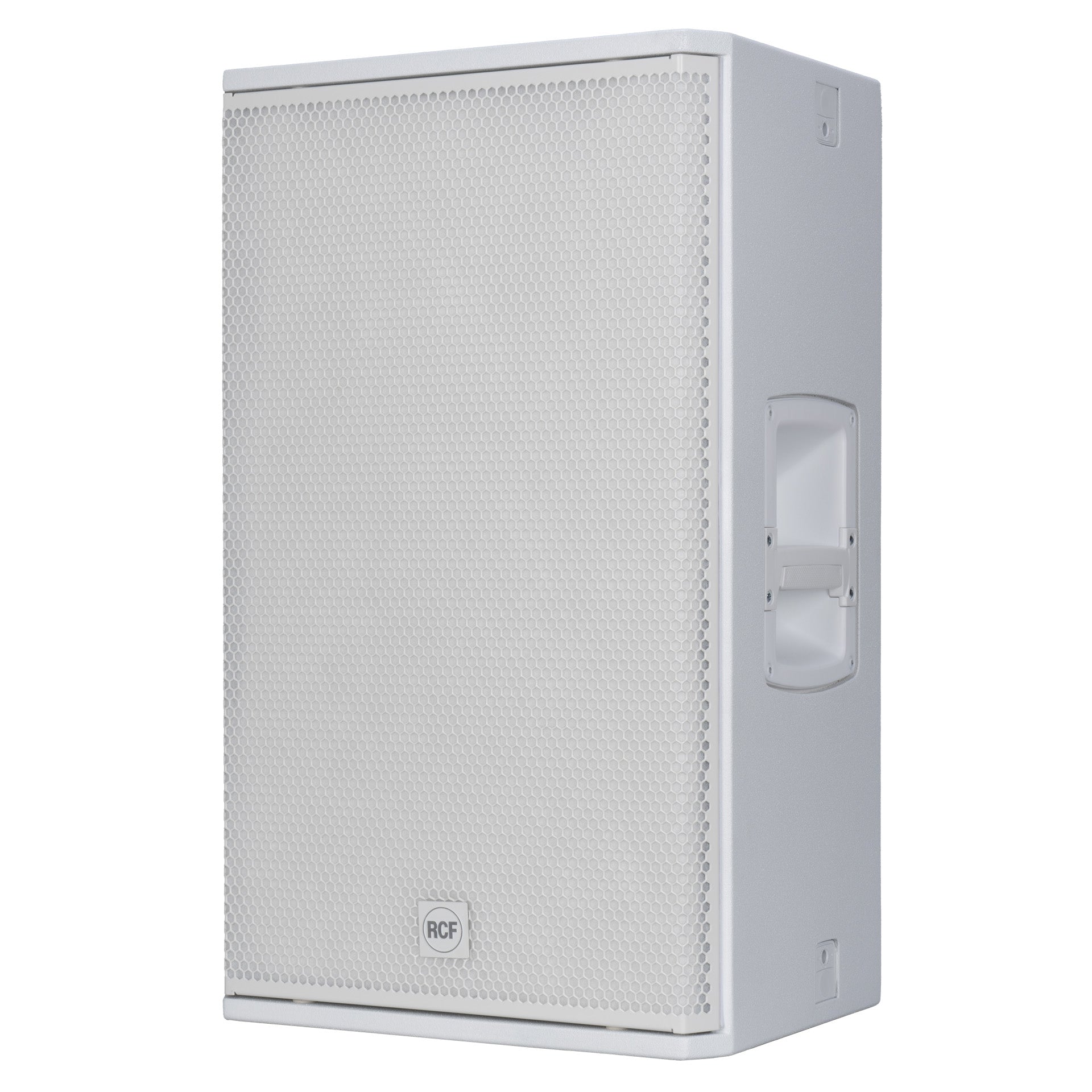 RCF NX 945-A left side view showing cabinet depth and rigging points-White