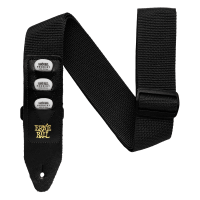Black polypropylene guitar and bass strap with built-in pick holder