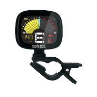 Clip-on chromatic tuner with 2-inch LCD display and dual-axis pivot arm for guitar, bass, ukulele, and violin