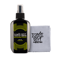 Guitar instrument polish spray bottle with gray microfiber cloth for streak-free shine on wood finishes