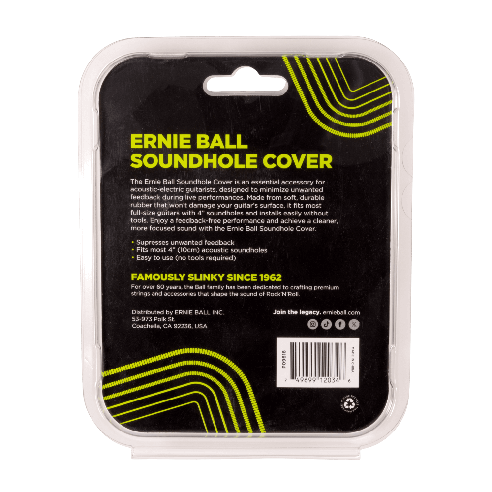 Ernie Ball soundhole cover packaging with black background and yellow text