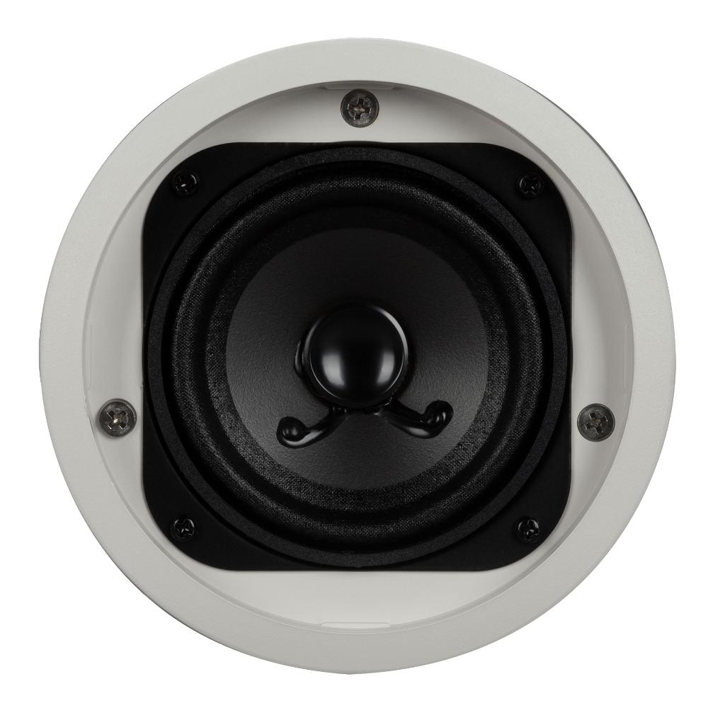 RCF PL 40 Round speaker with black driver and silver frame on a white background