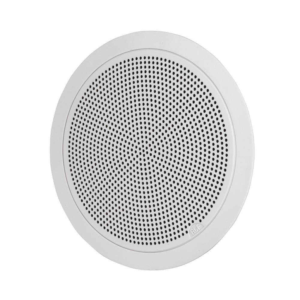 Round white ceiling speakers with perforated design on a white background