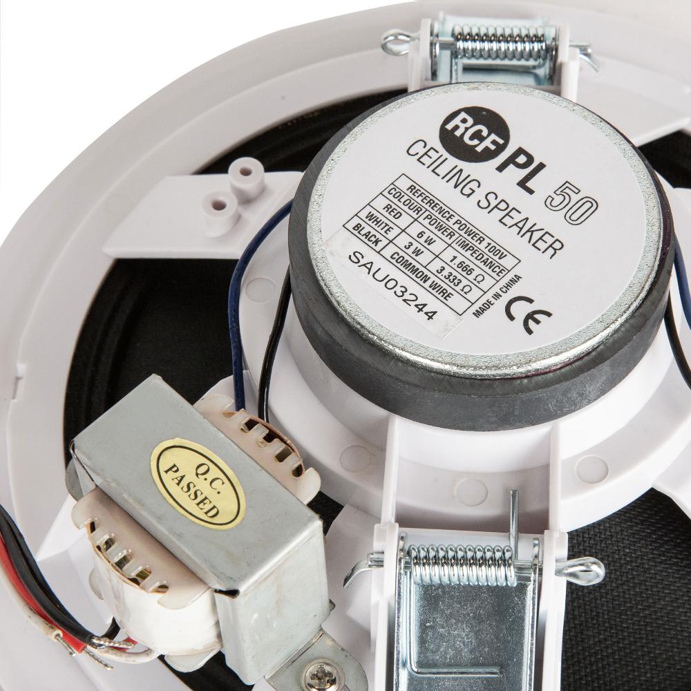 RCF PL 50 Close-up of a ceiling speaker with visible branding and technical details.
