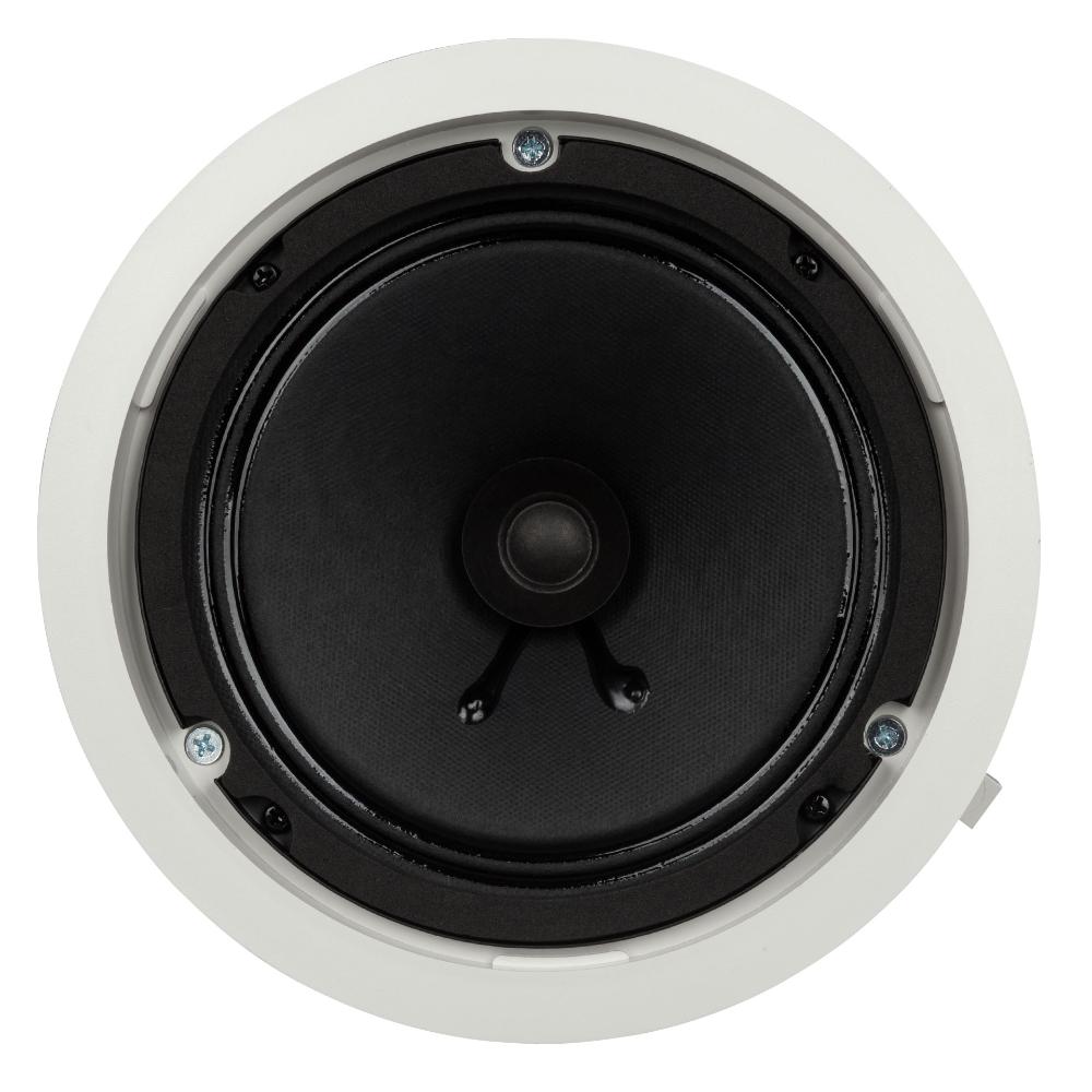RCF PL 60 Ceiling speaker with white frame and black driver on a white background