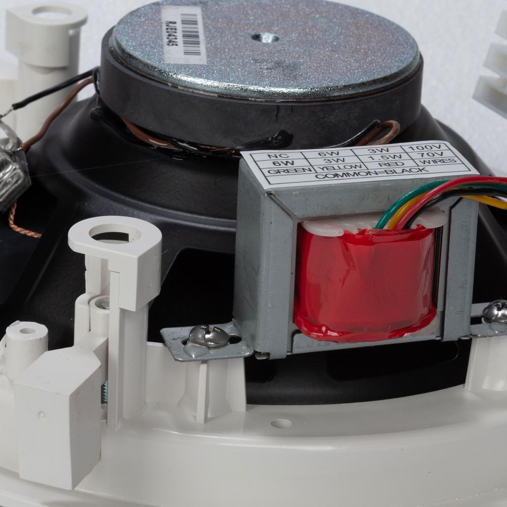 "RCF PL 60 connection terminals detail" Close-up of electronic components inside a device, including a red LED and labeled wiring.