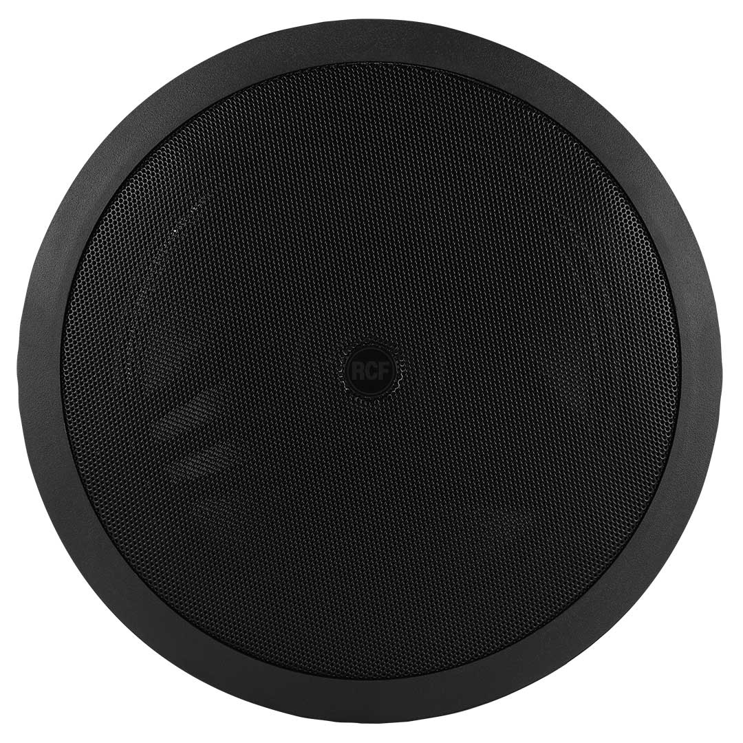 "Front view of RCF PL 8X speaker with protective grille and RCF branding"