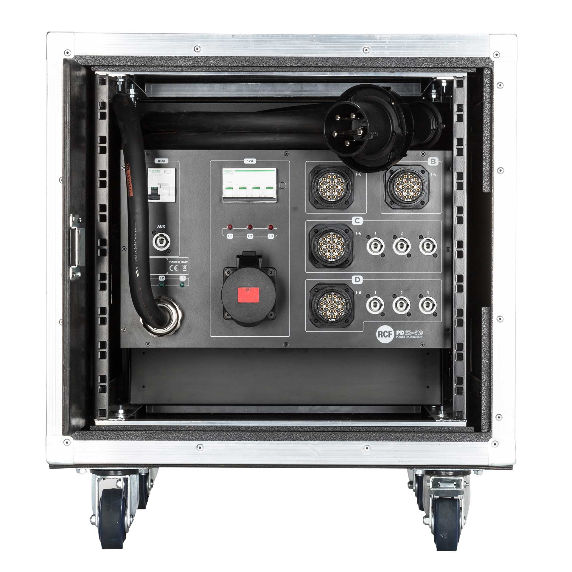 RCF PR 63 Power Rack  front view showing PowerCon and Cekon outputs