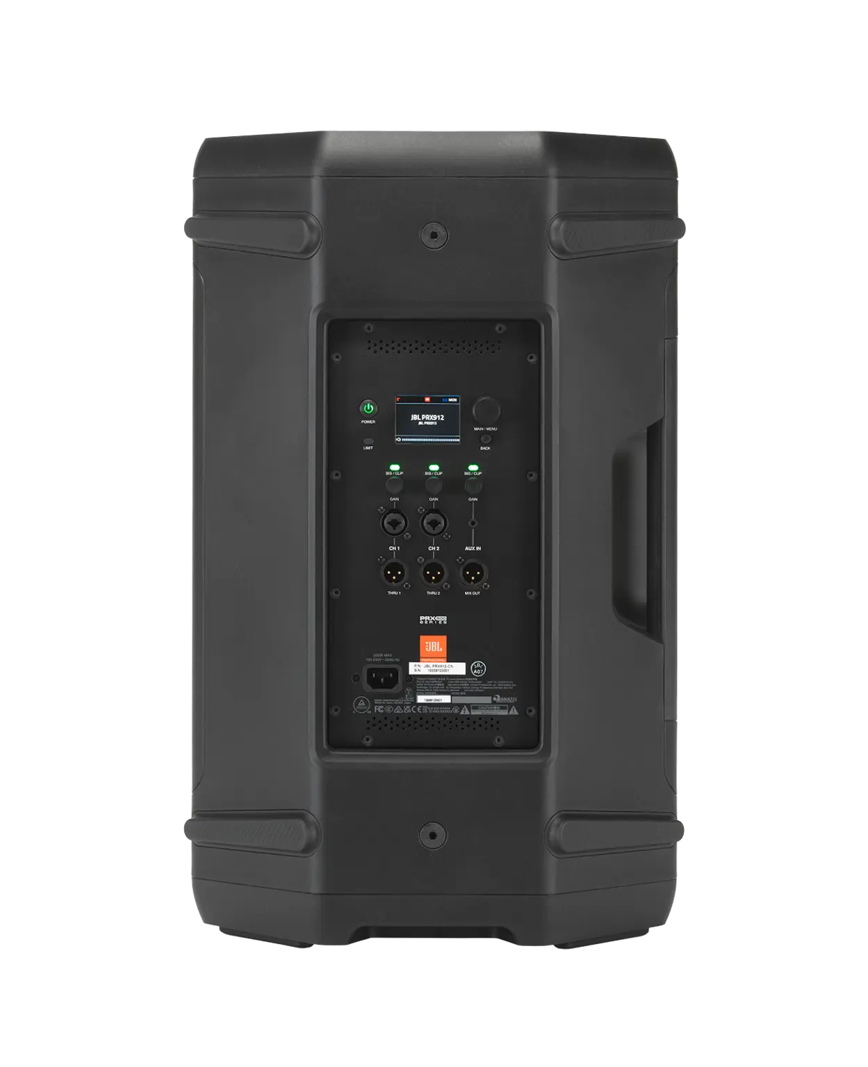 JBL PRX912 Professional Powered Two-Way 12-inch PA Loudspeaker back view showing amplifier and DSP panel