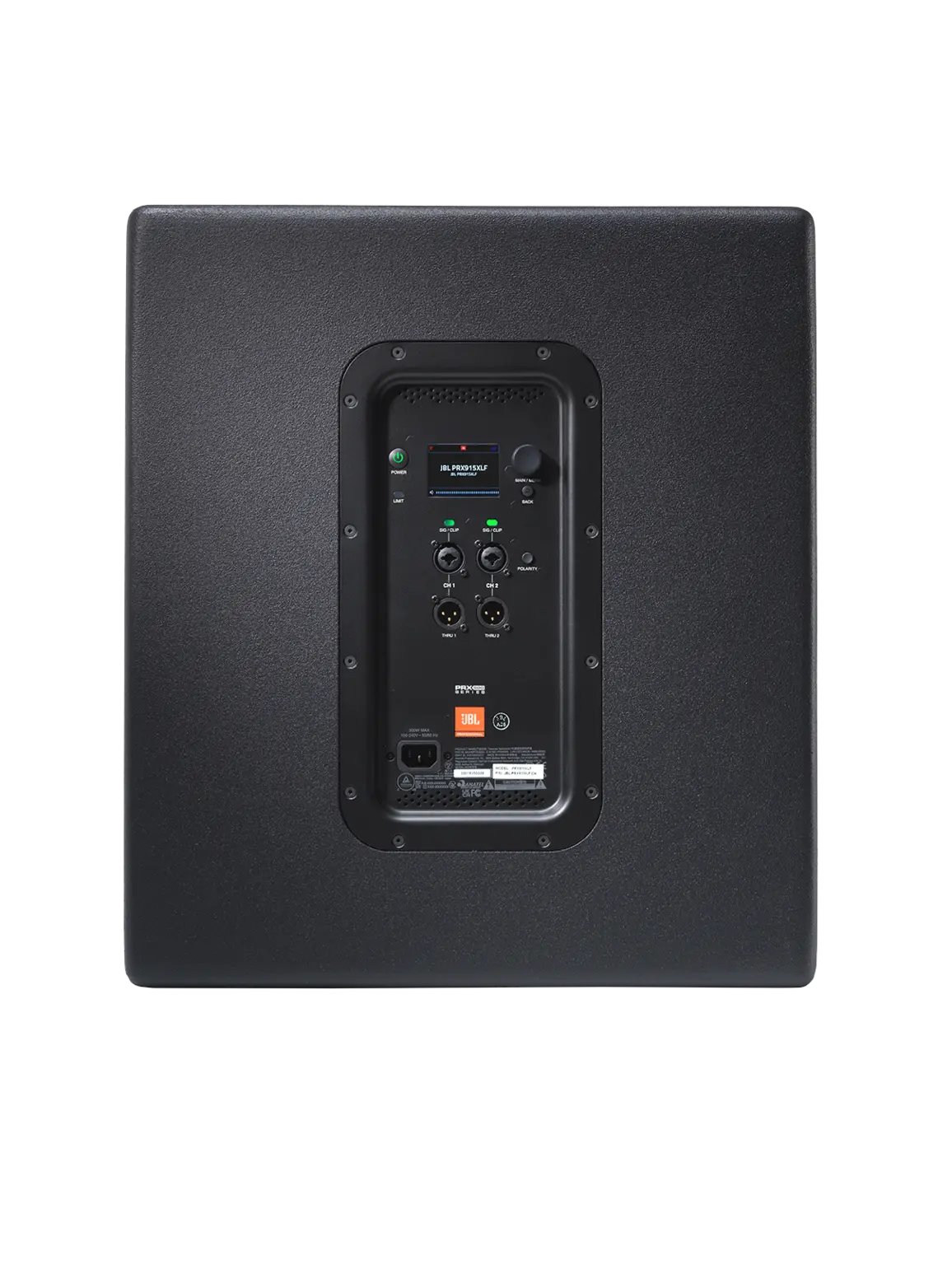 JBL PRX915XLF Professional Powered 15-inch Subwoofer back view showing amplifier and DSP panel