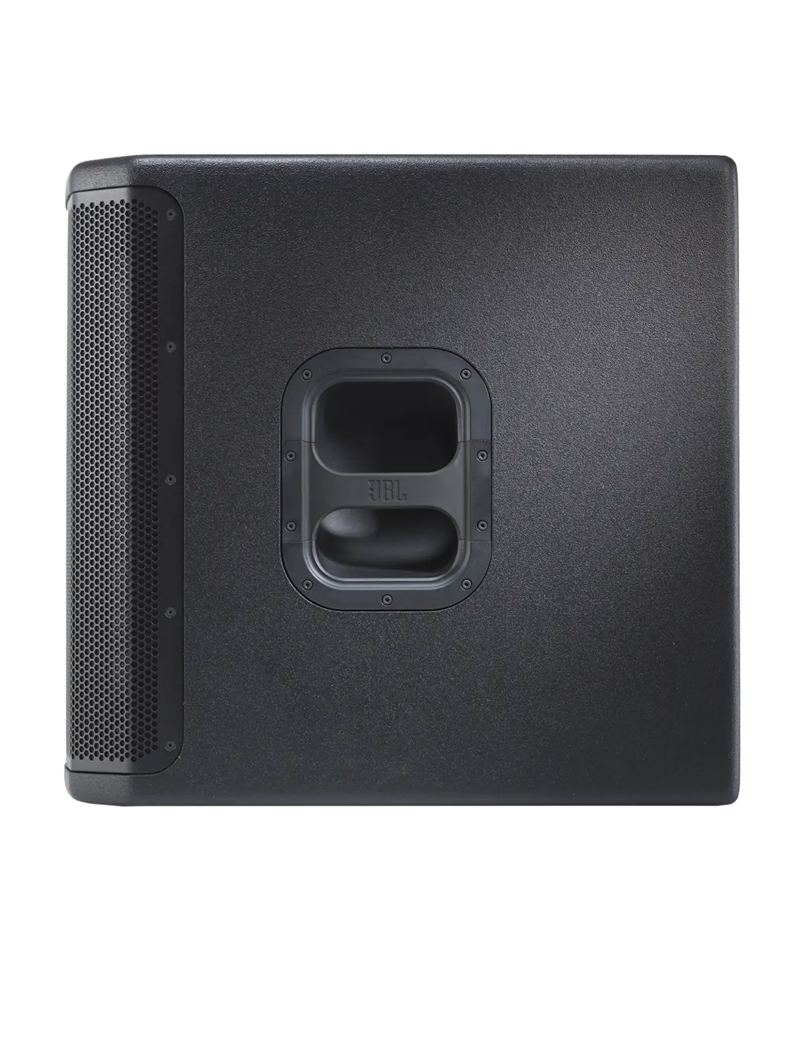 Left-side profile of JBL PRX915XLF Professional Powered 15-inch Subwoofer showing handle placement