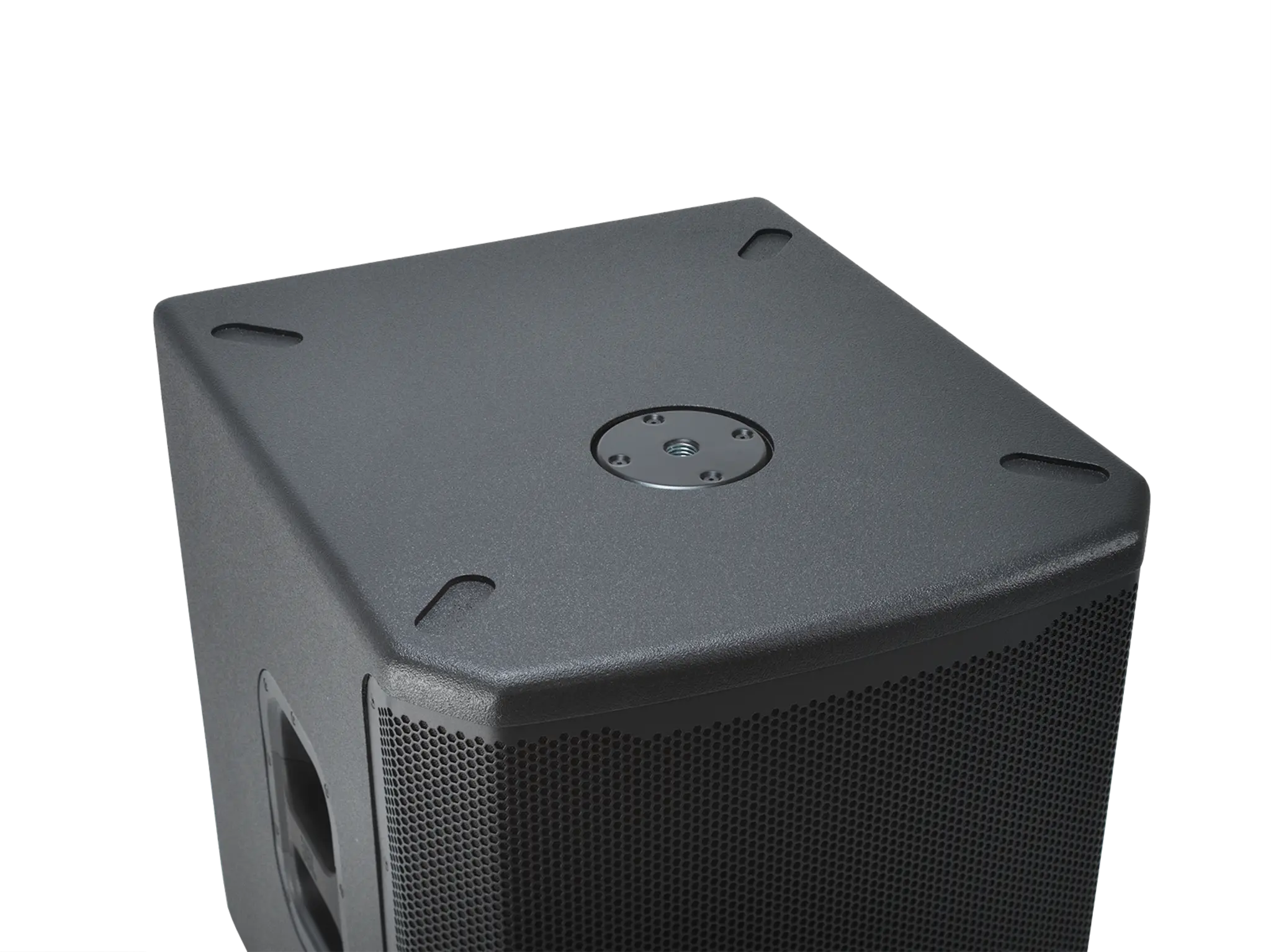 JBL PRX915XLF Professional Powered 15-inch Subwoofer top view showing pole-mount socket