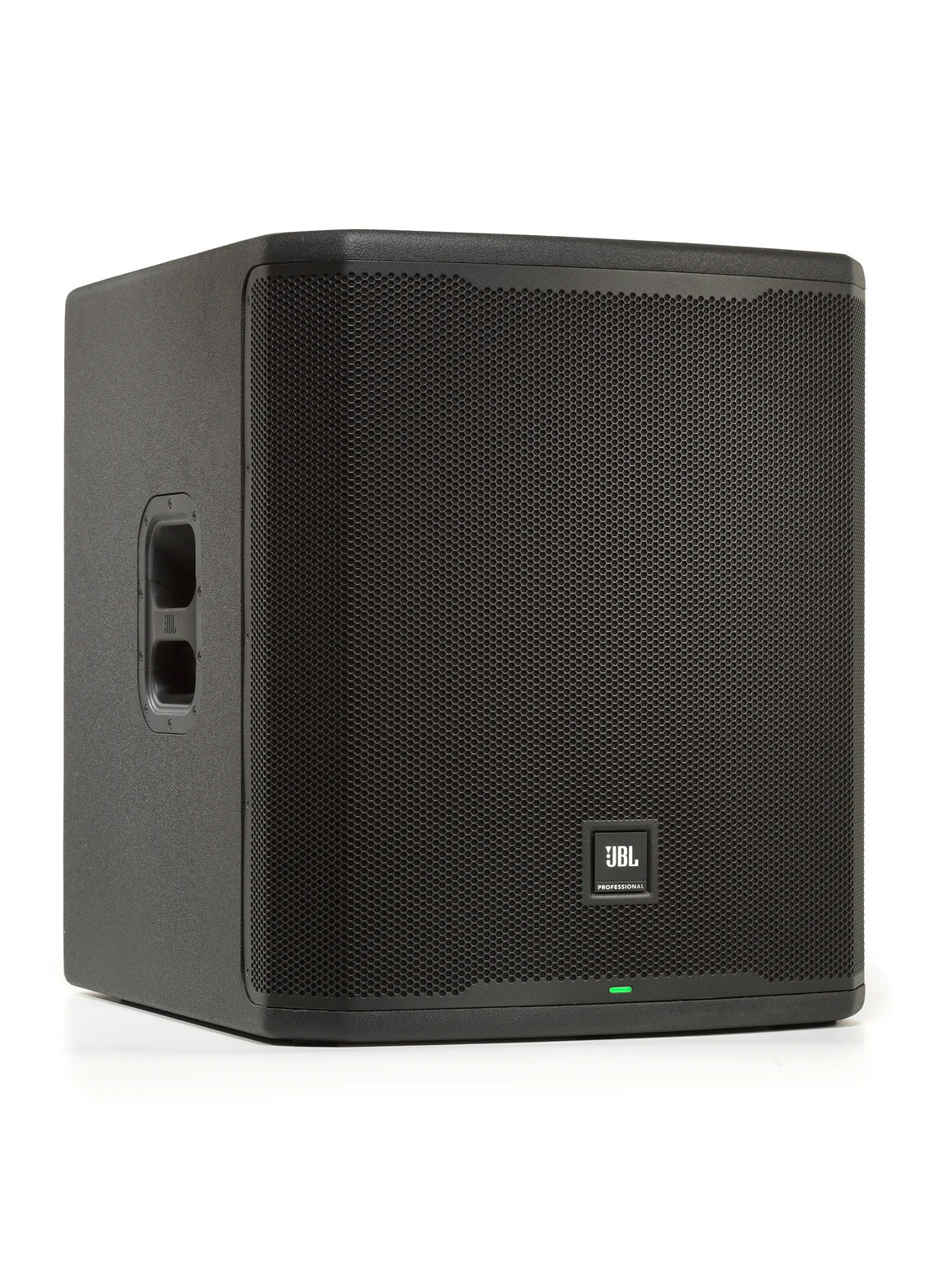 Right-side profile of JBL PRX918XLF Professional Powered 18-inch Subwoofer showing handle placement