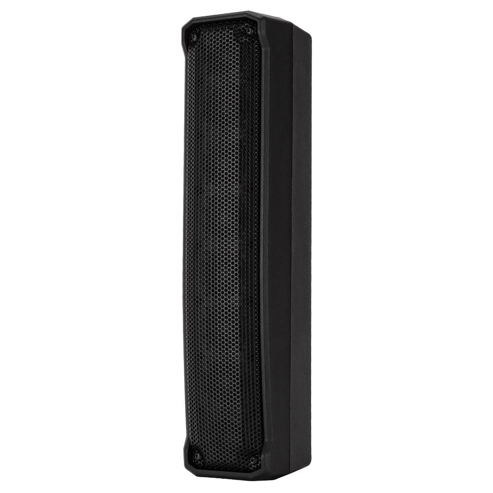 "Three-quarter view of RCF EVOX JMIX8 showing vertical array and controls"
