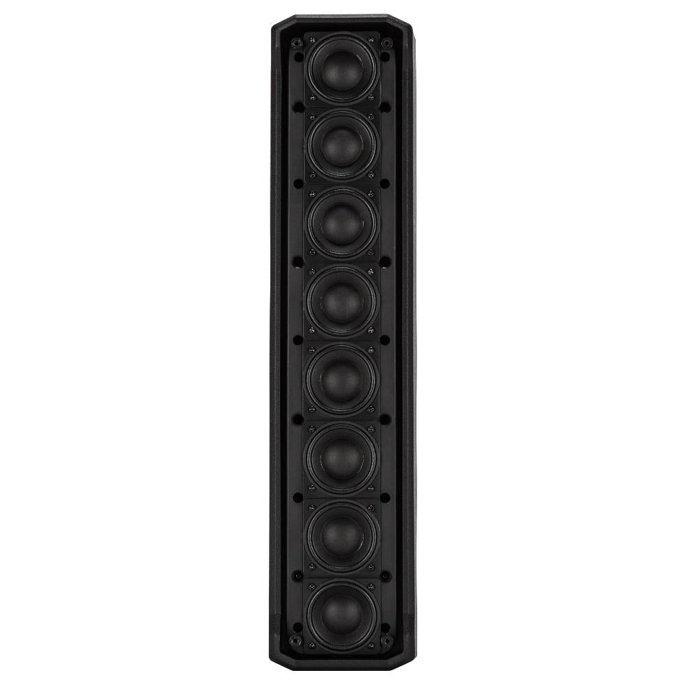 "Three-quarter view of RCF EVOX JMIX8 showing vertical array and controls"Black multi-driver speaker on a white background