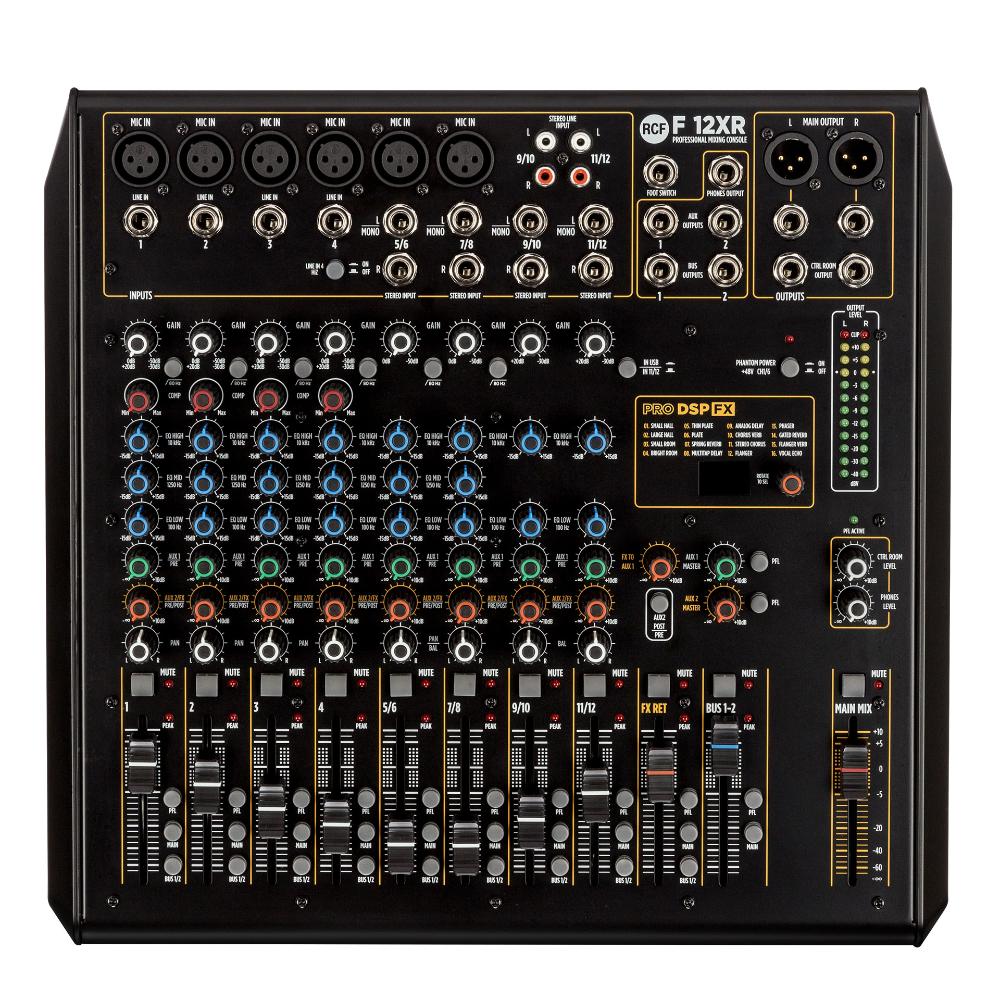 "RCF F12XR professional 12-channel mixing console with EQ controls, auxiliary sends, and master faders"