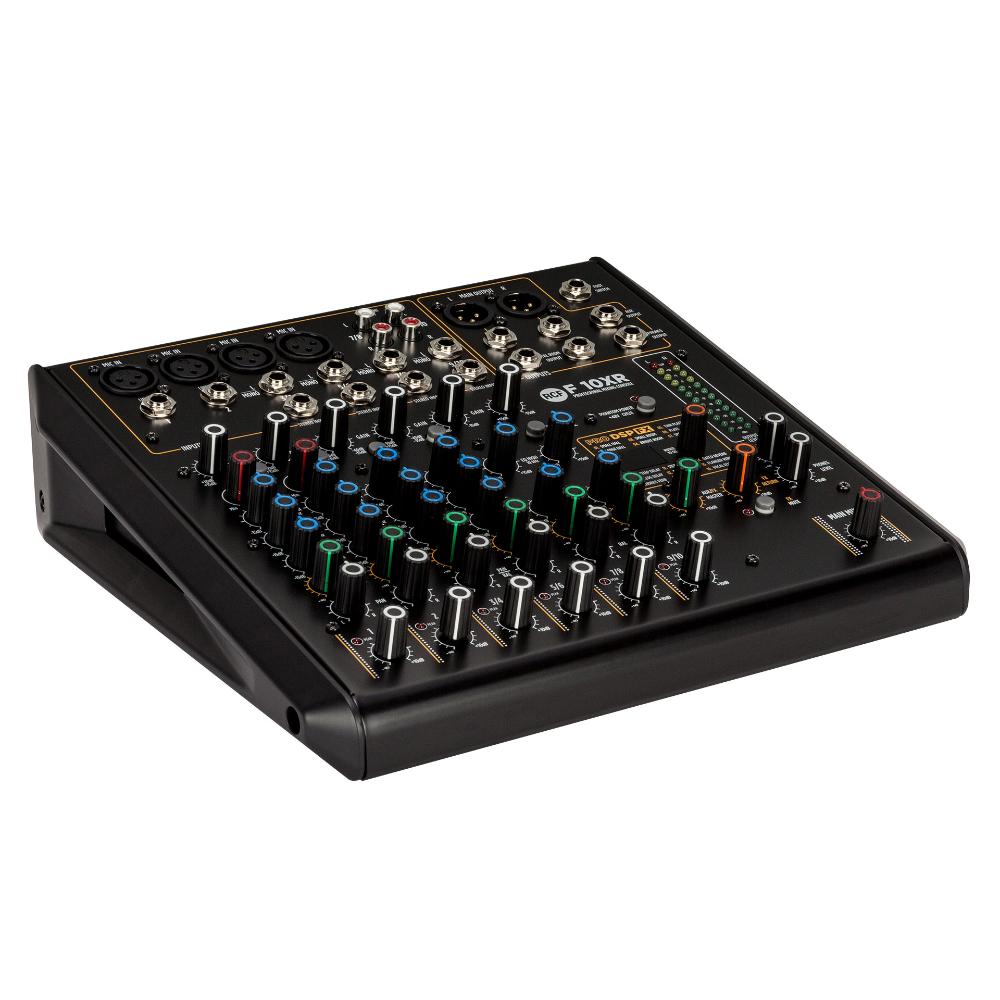 "RCF F 10XR mixer with channel faders, EQ controls, and built-in effects"