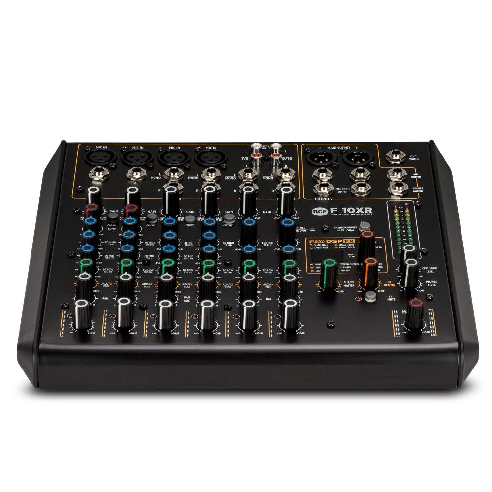 "Angled view of RCF F 10XR 10-channel mixer displaying channel strips, master section, and effects controls"