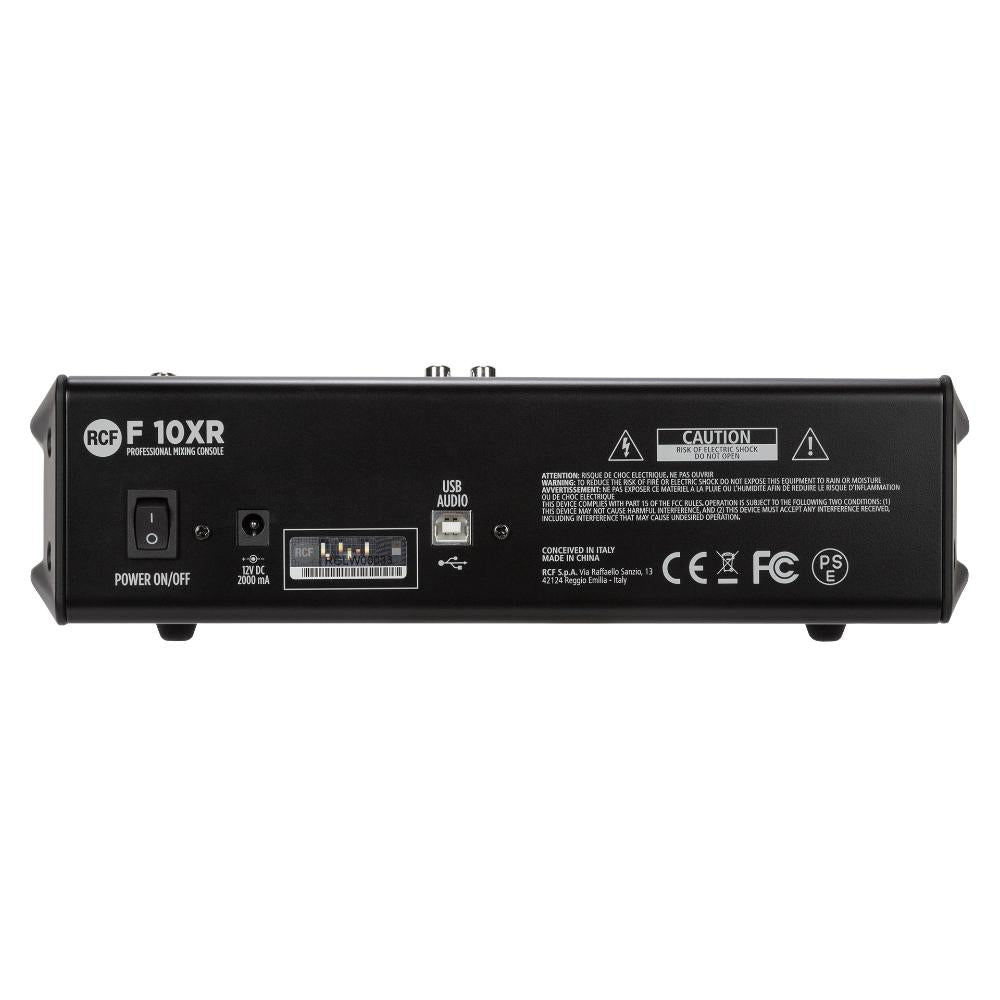 "Rear view of RCF F 10XR mixer showing 10 balanced inputs, stereo outputs, USB recording port, and power connection"