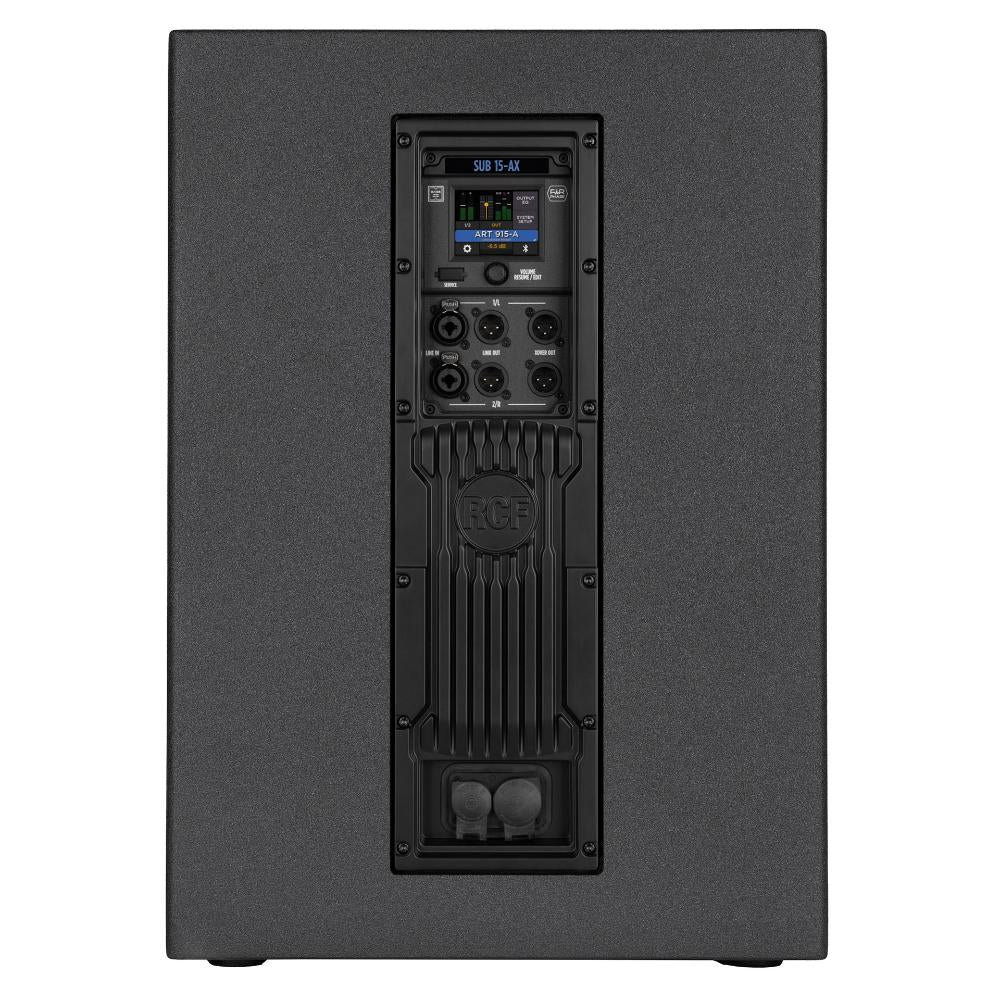 "Rear view of RCF SUB 15-AX showing balanced XLR connectors, crossover controls, phase switch, and integrated amplifier"