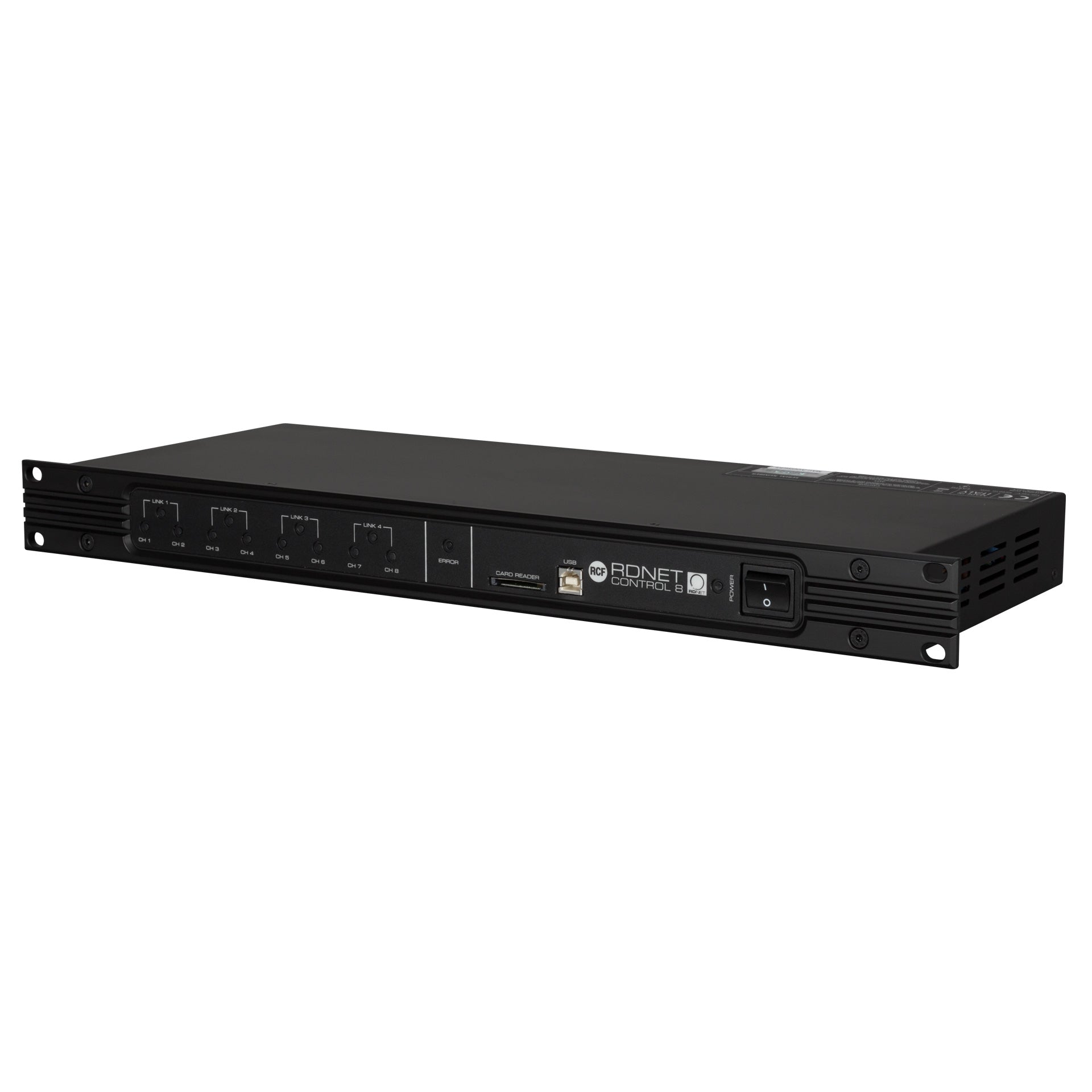 RCF RDNet Control 8 8-Output Master Unit left side view showing rack chassis profile