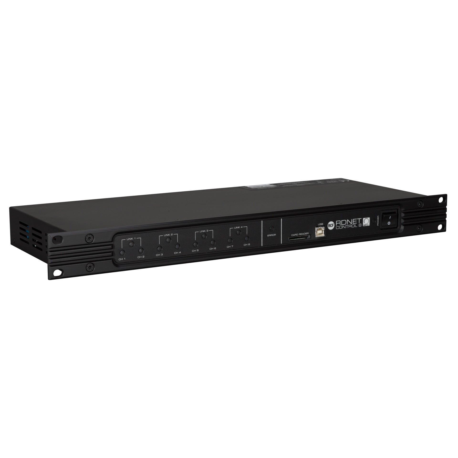 RCF RDNet Control 8 8-Output Master Unit right side view showing rack chassis profile