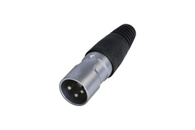 REAN 3-pole male XLR cable connector with IP65 protection, chrome and black plated finish, outdoor-ready design