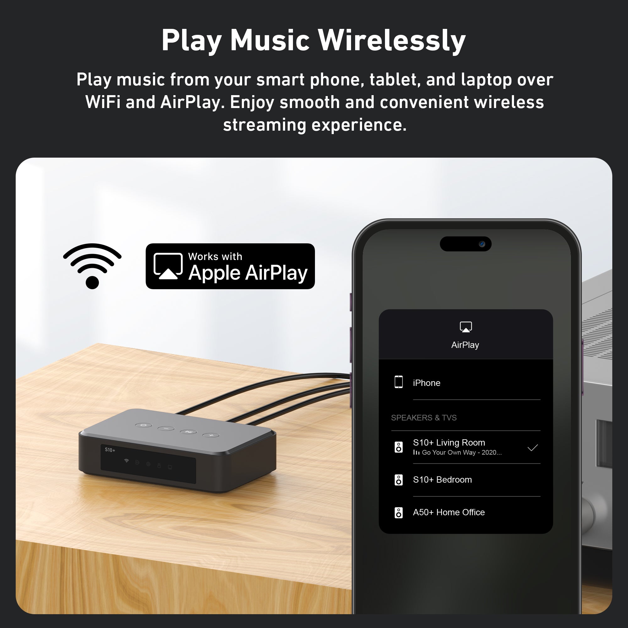 Streaming music to Arylic S10+ WiFi streamer via smartphone app for multiroom audio control