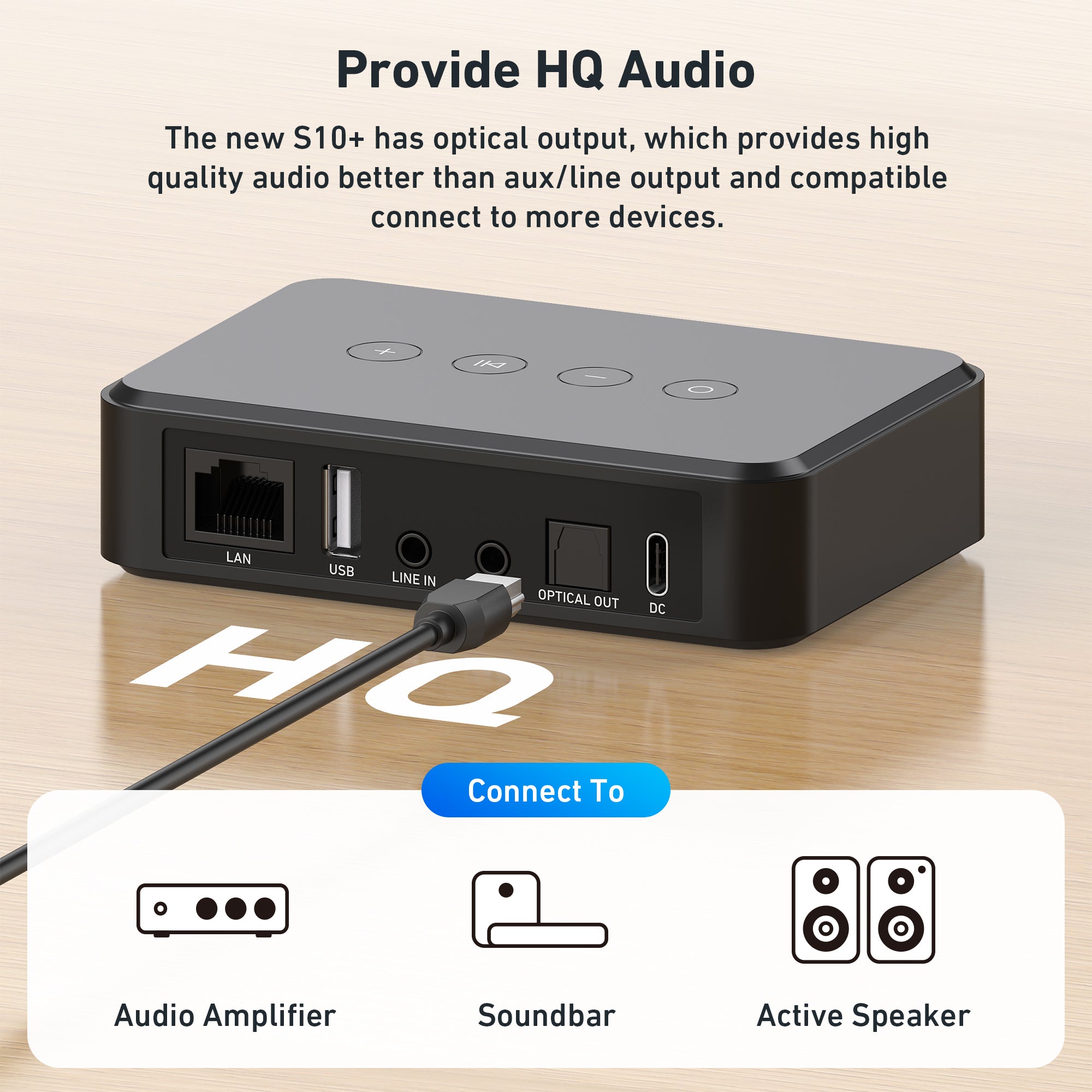 Arylic S10+ WiFi streamer rear panel showing RCA outputs, optical output and power input port