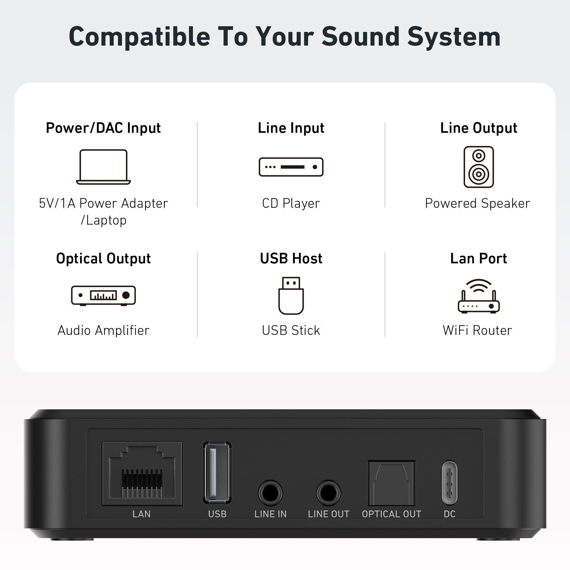 Back view of Arylic S10+ WiFi Music Streamer with various ports labeled, compatible with different audio and data of Arylic S10+ WiFi Music Streamer.