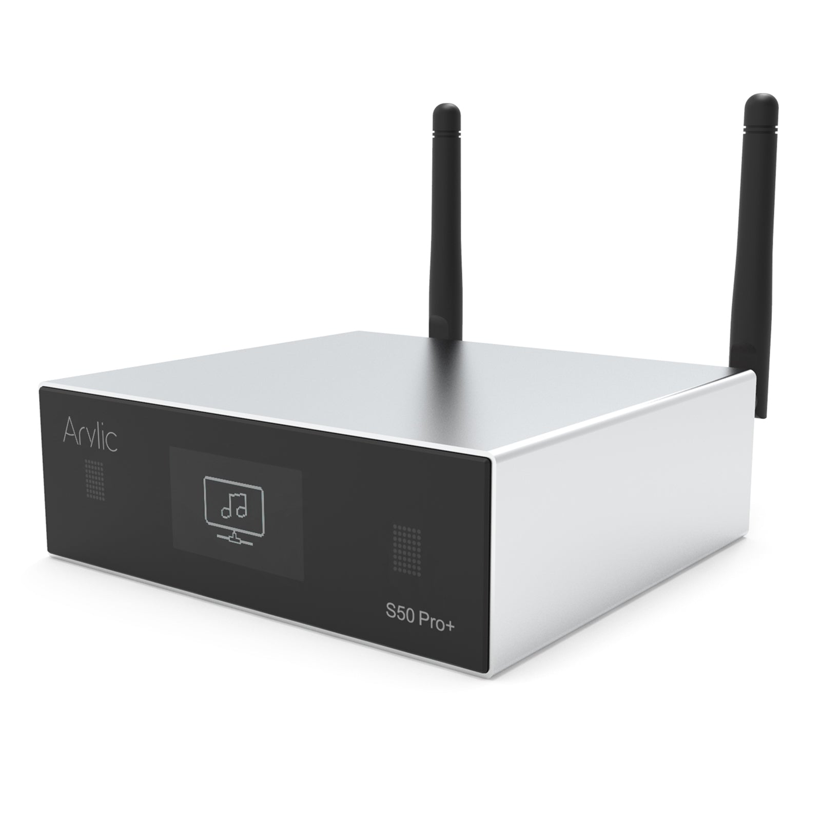 Left side profile of Arylic S50 Pro+ wireless stereo preamp showing compact aluminium body
Side
