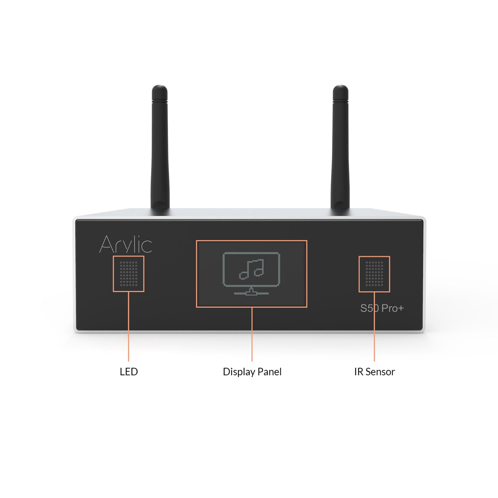 Arylic S50 Pro+ wireless stereo preamp with aptX HD and ESS 9023 DAC, full front view