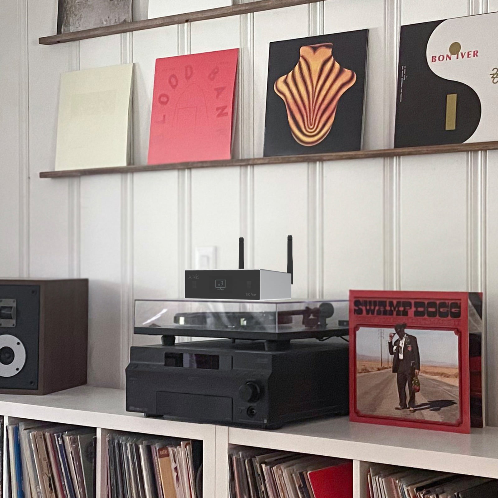 Arylic S50 Pro+ wireless DAC preamp in modern home listening room HiFi audio setup