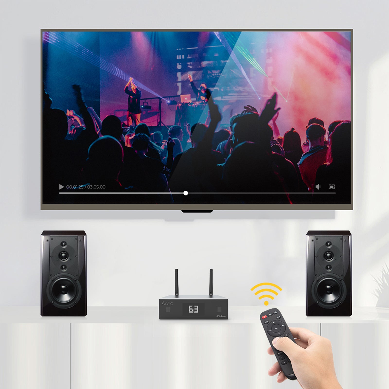 Arylic S50 Pro+ aptX HD ESS 9023 DAC preamp flat lay with remote and audio cables accessory