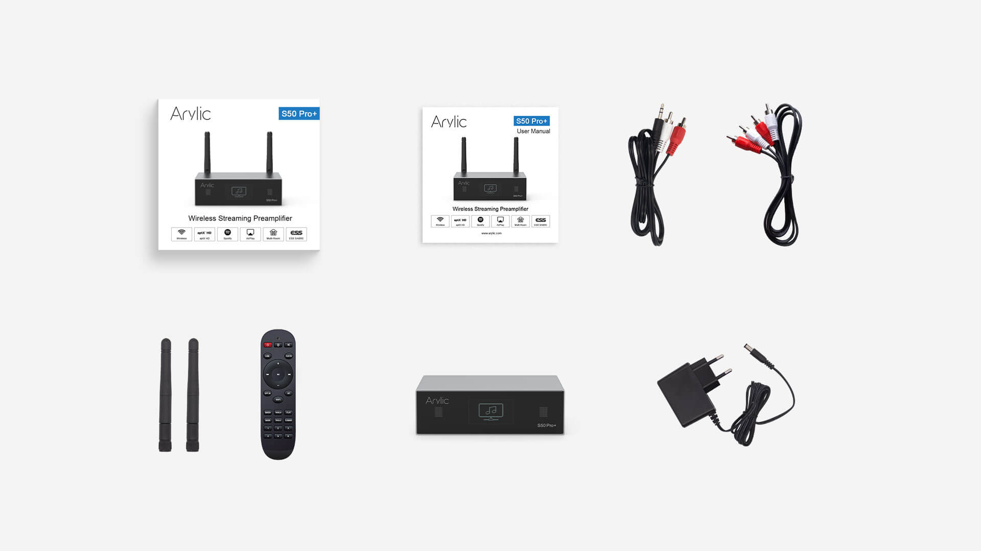 Arylic S50 Pro+ optical and digital input ports close-up for high-resolution audio source connection and Collection of Arylic S50 Pro+  and accessories on a white background