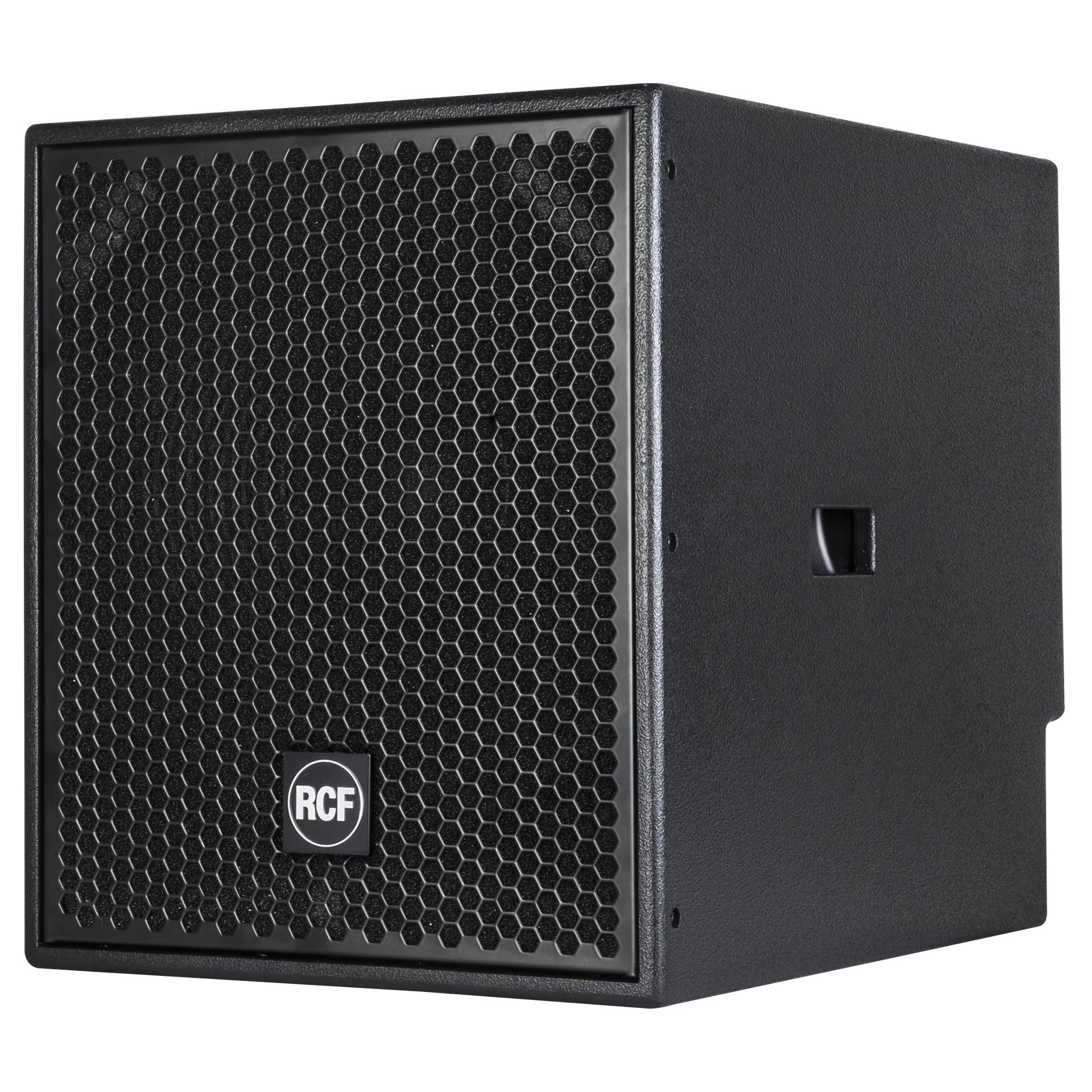 RCF S 8015 II left side view showing integrated carry point and cabinet depth