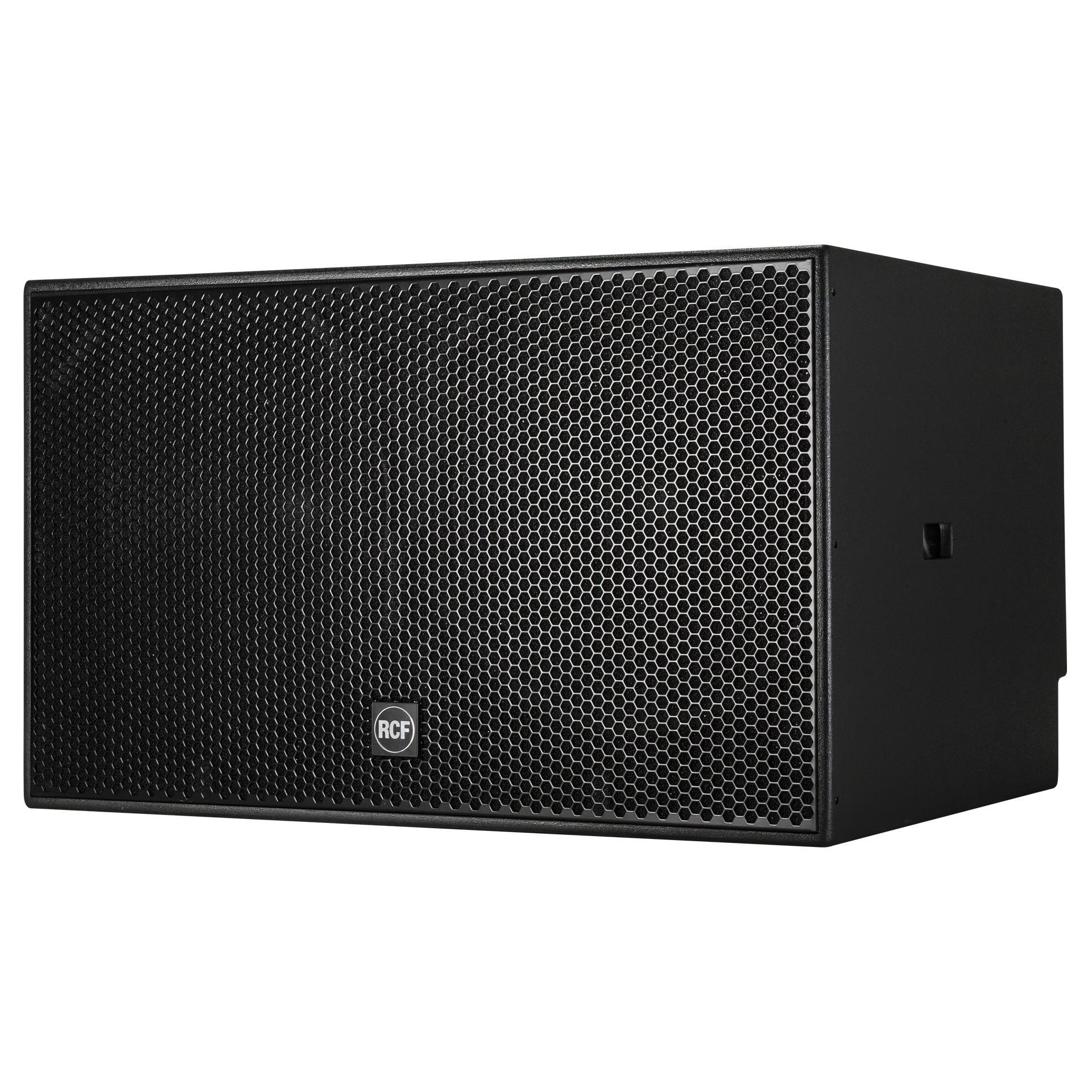 RCF S 8028 II left side view showing integrated carry point and cabinet depth