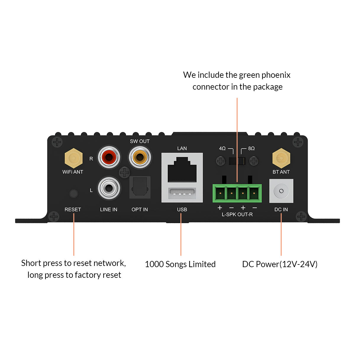 Arylic SA100 amplifier rear panel showing speaker terminals, aux input and power connector